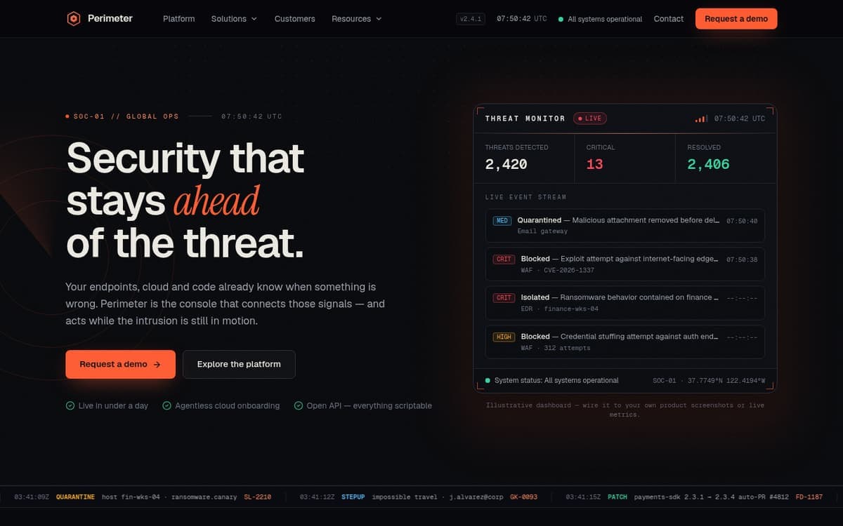 Perimeter — Security / DevSecOps website template, live preview